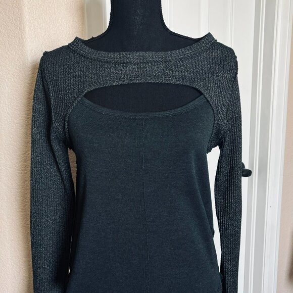 Free People Gray Waffle Knit Long Sleeve with Front/Back Cutouts - Picture 3 of 3
